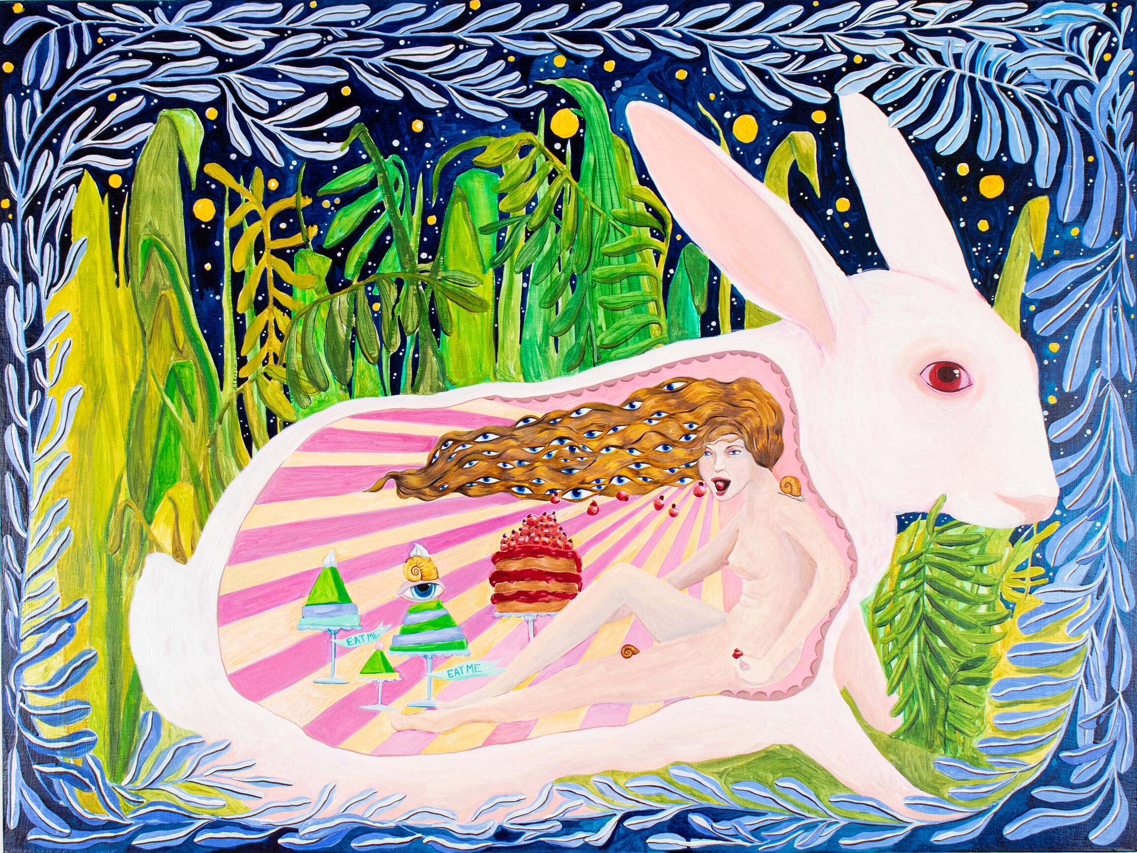 A painting of a rabbit and a woman inhabiting its body
